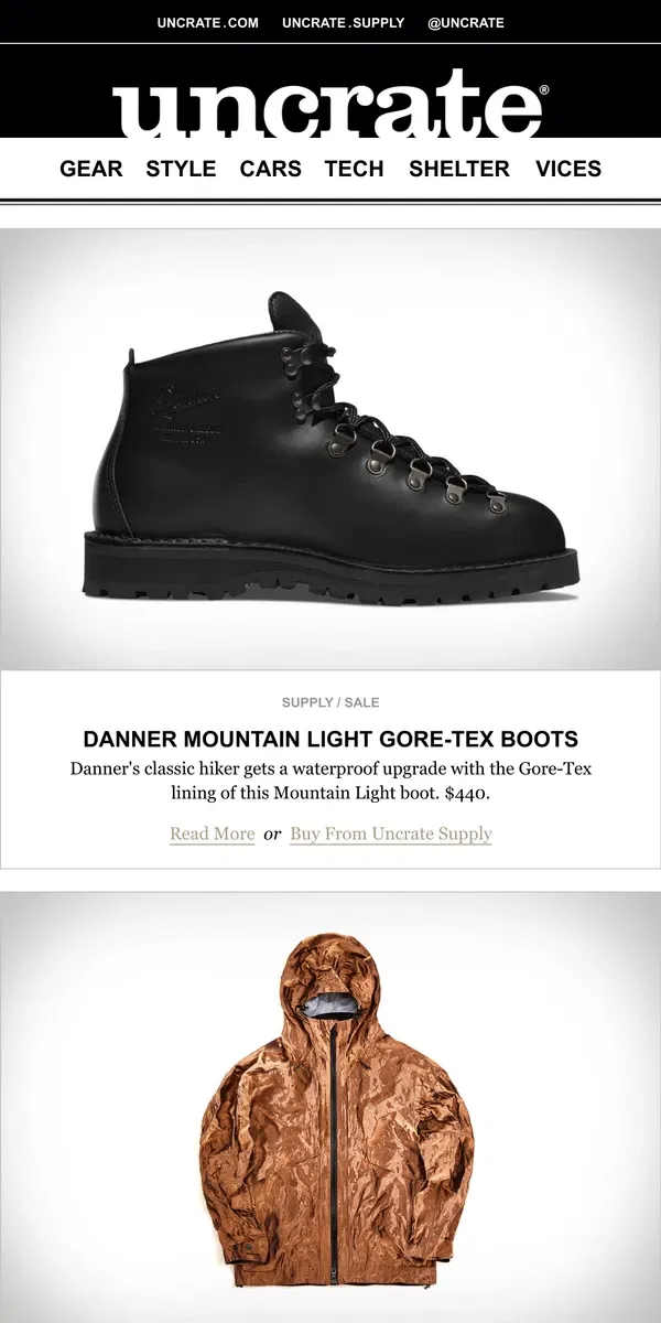 Email from Uncrate. Danner Mountain Light Gore-Tex Boots & more