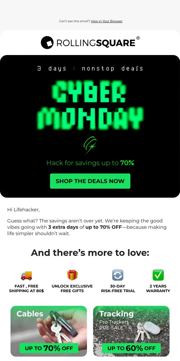 Email from Rolling Square. Up to 70% OFF for Cyber Monday!