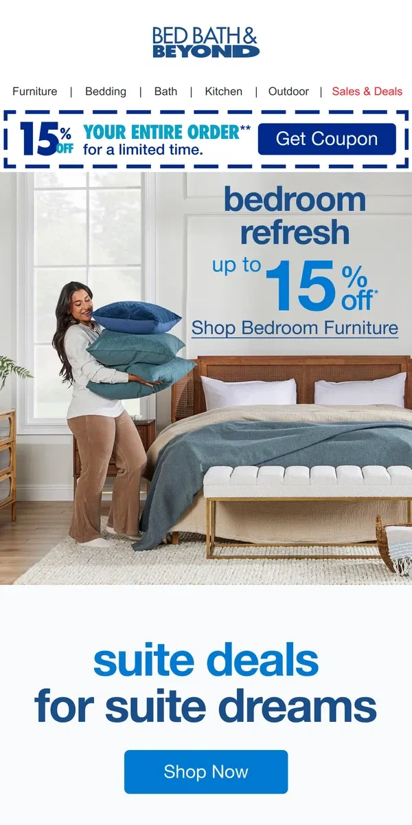 Email from Bed Bath & Beyond. Take up to 15% off Incredibly Cozy Bedroom Additions