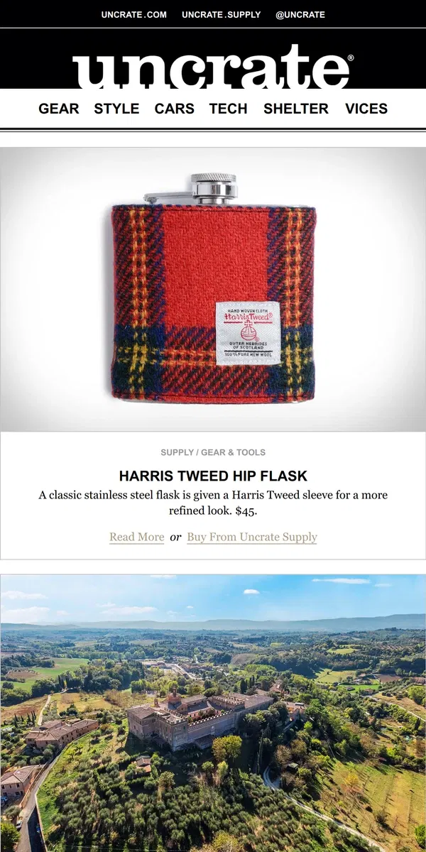 Email from Uncrate. Harris Tweed Hip Flask & more