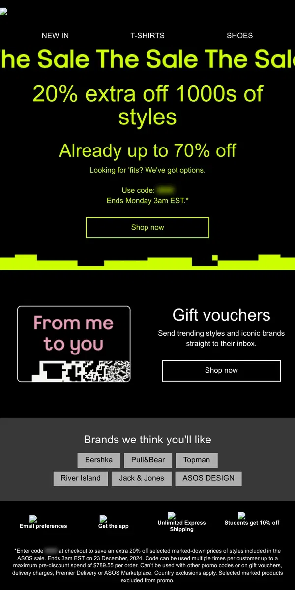 Email from ASOS. 20% extra off 1000s of Sale styles