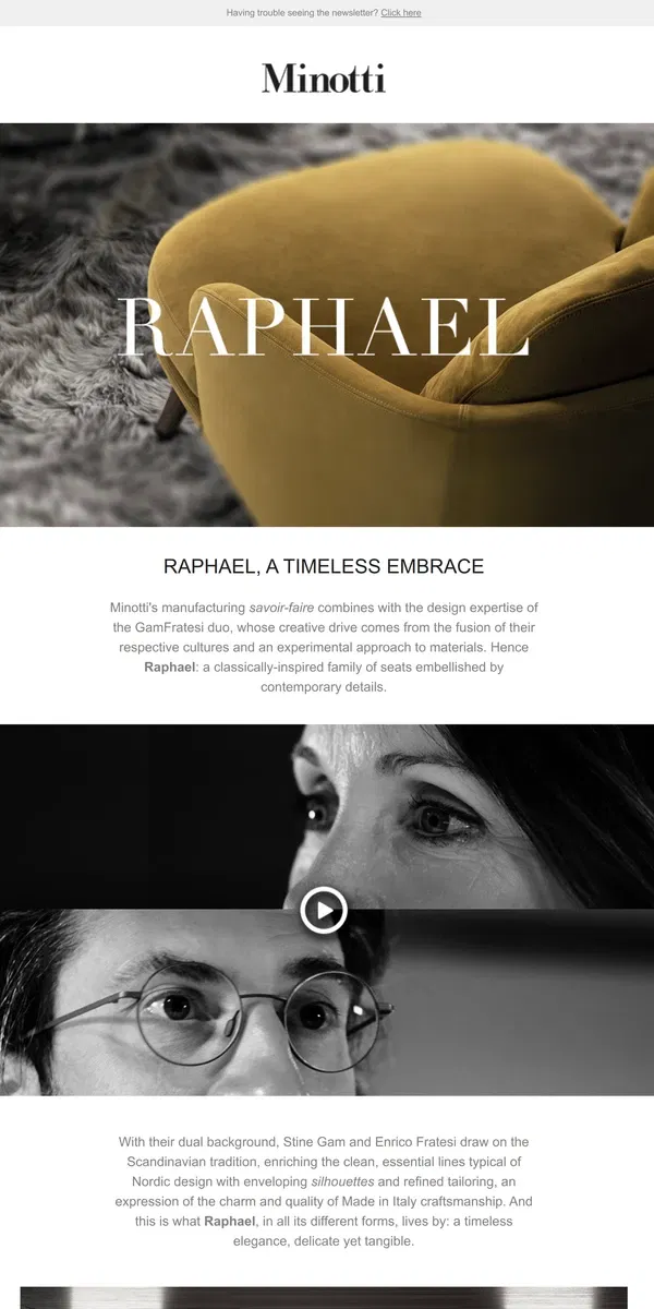 Email from MINOTTI. RAPHAEL, A TIMELESS EMBRACE