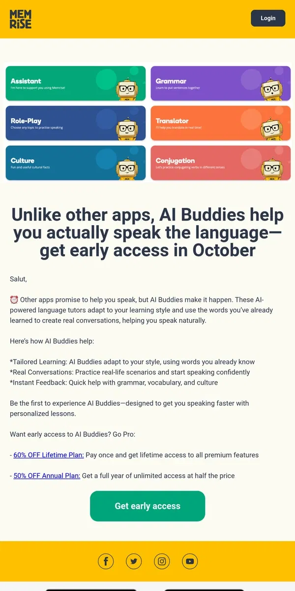 Email from Memrise. ⏰ Speak naturally with AI Buddies – 60% off pro for a limited time