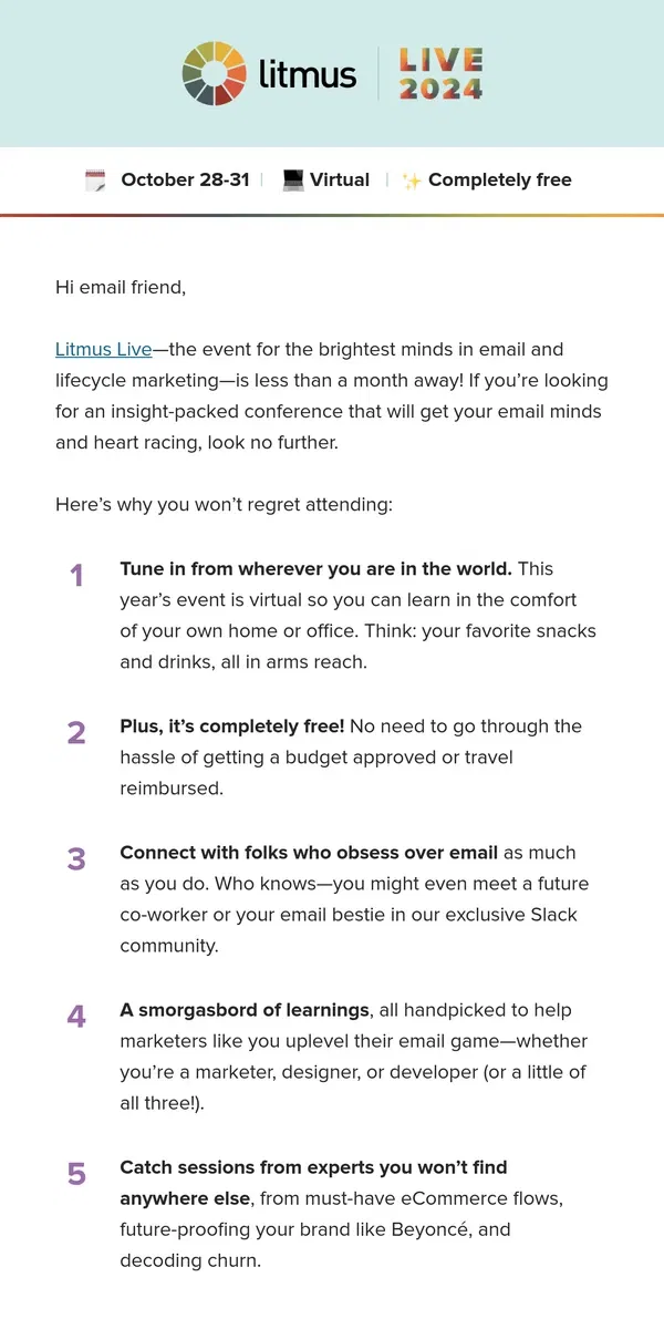 Email from Litmus. 5 reasons to attend Litmus Live