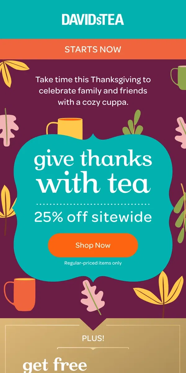 Email from DAVIDsTEA. We’re giving thanks with 25% off