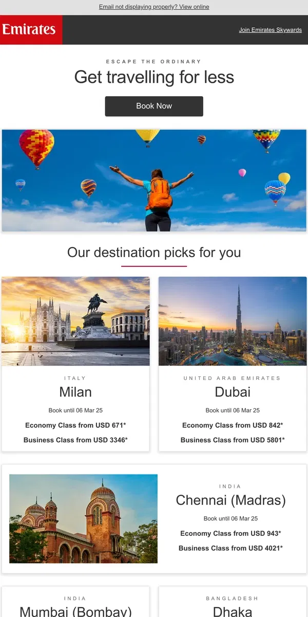 Email from Emirates. Travel the world in style with these special fares