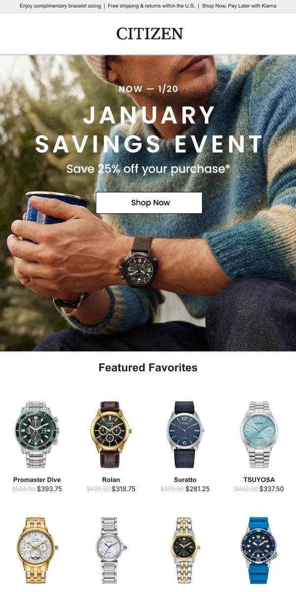 Email from Citizen Watch. The January Savings Event: Save 25% Off!