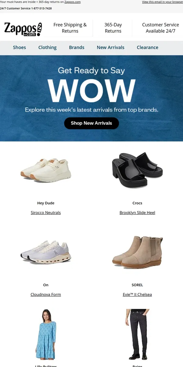 Email from Zappos. The Weekly WOW: Hey Dude, Crocs, On, and more!