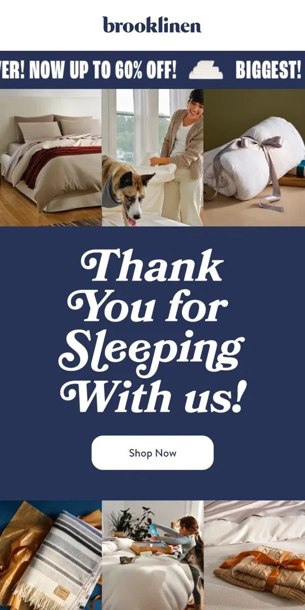 Email from Brooklinen. Giving thanks with up to 60% off