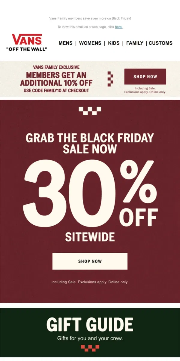 Email from Vans. 30% OFF SITEWIDE + EXTRA 10% OFF FOR MEMBERS!​