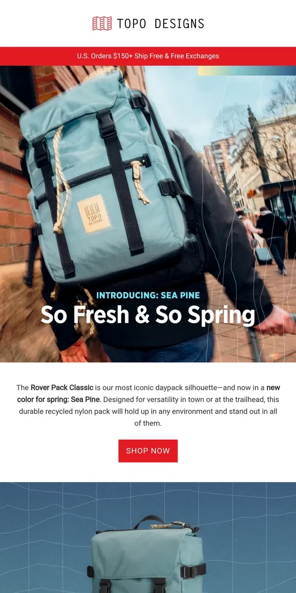 Email from Topo Designs. Spring Color Drop: Sea Pine