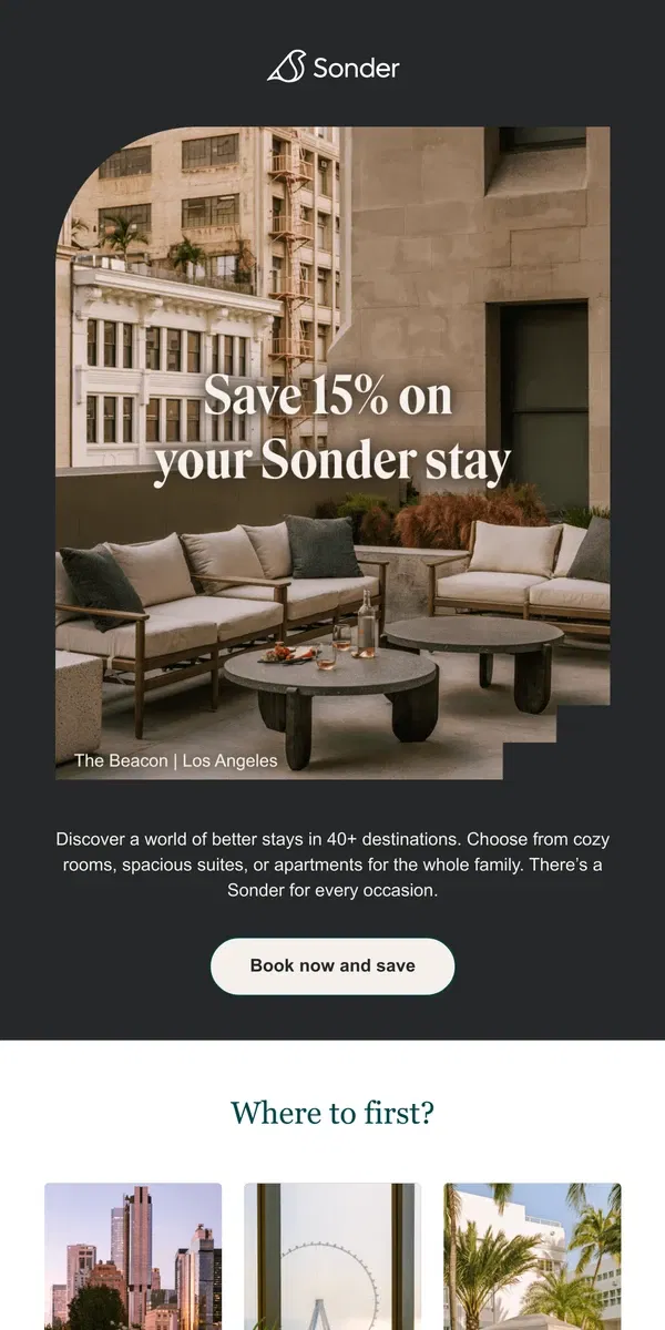 Email from Sonder. Travel Tuesday savings 💸