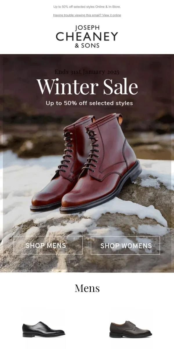 Email from Joseph Cheaney. Our Winter Sale Continues