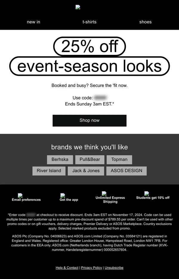 Email from ASOS. 25% off event-season looks