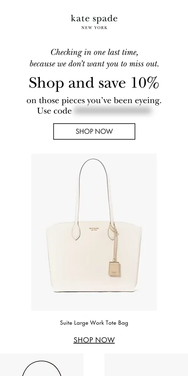 Email from Kate Spade. Last chance: take 10% off this special style