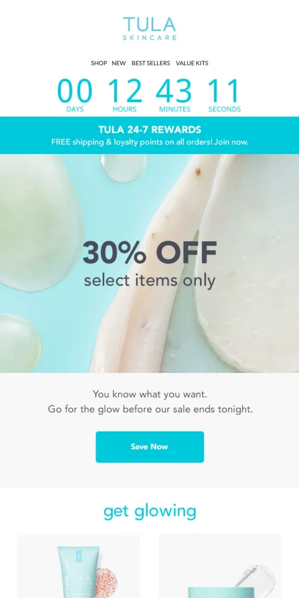 Email from TULA Skincare. 30% off ENDS TONIGHT