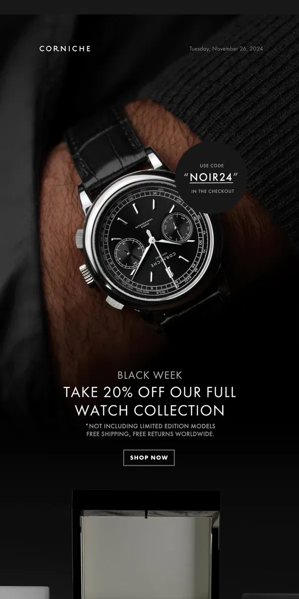 Email from Corniche Watches. Black Week Begins – Save 20%