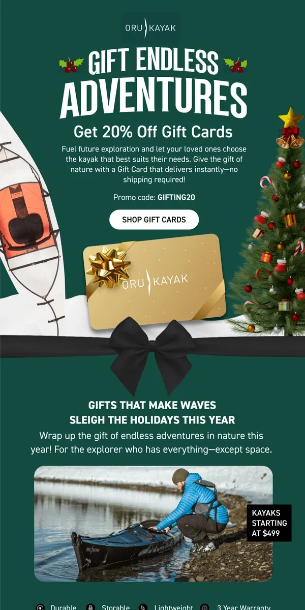 Email from Oru Kayak. Give The Gift of Choice: 20% Off Gift Cards 🎁