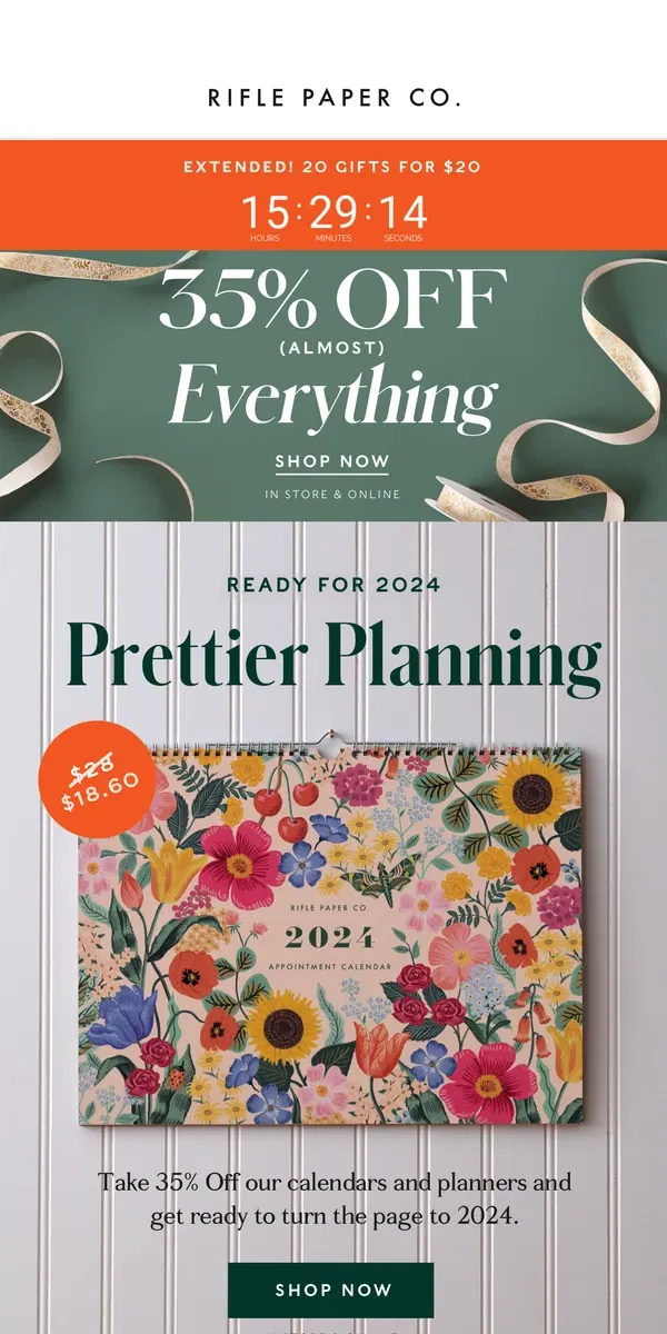 Email from Rifle Paper Co.. OFFER EXTENDED 📣 20 Gifts for $20 PLUS 35% Off Almost Everything Else!