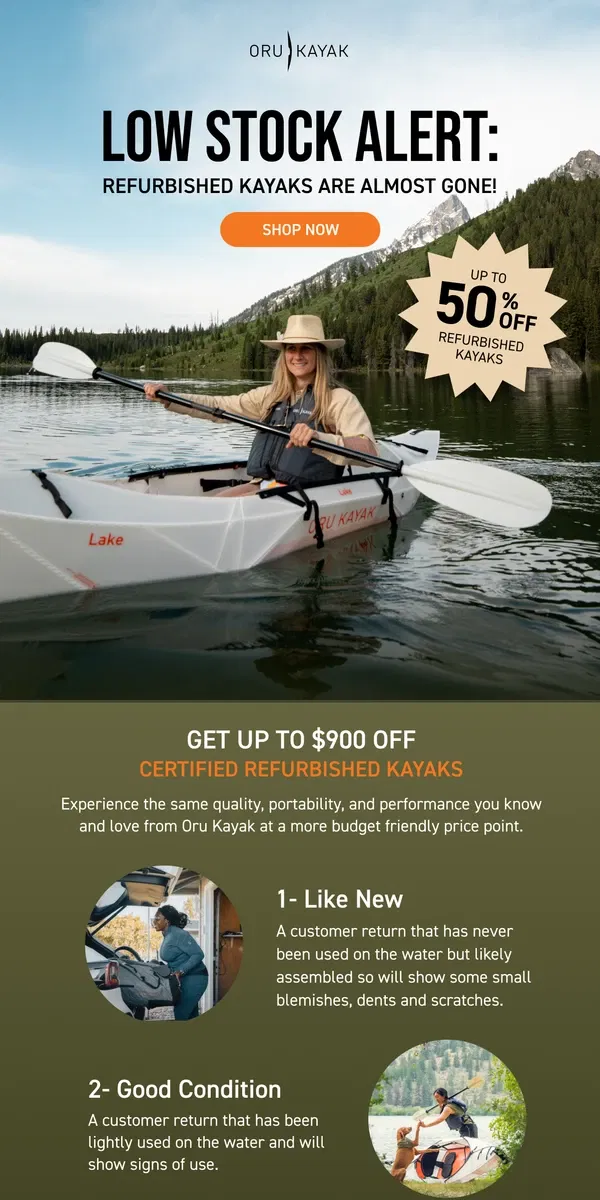 Email from Oru Kayak. Low Stock Alert 🚨 Certified Refurbished Sale