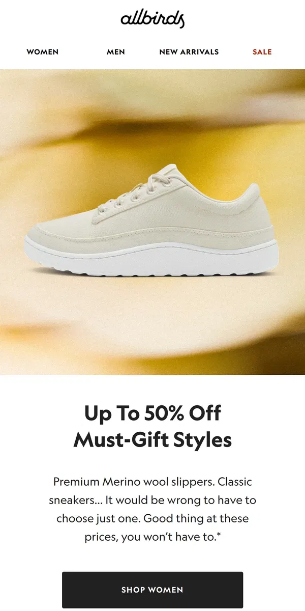 Email from Allbirds. Up To 50% Off Gifts For Your Whole Flock