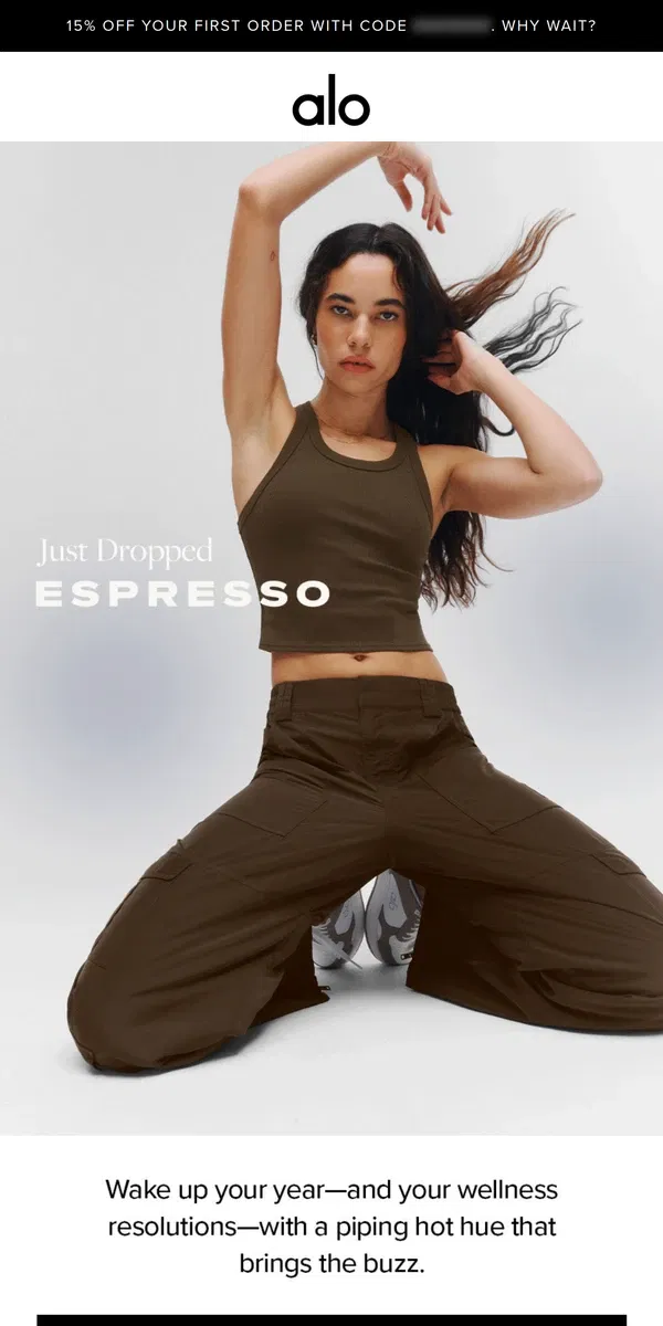 Email from Alo Yoga. JUST DROPPED: New Espresso