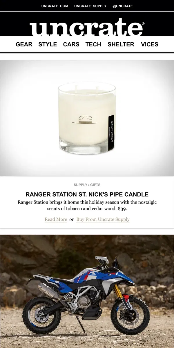 Email from Uncrate. Ranger Station St. Nick's Pipe Candle & more