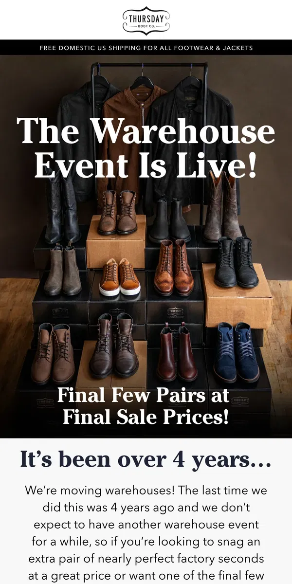 Email from Thursday Boot Company. The Warehouse Event!