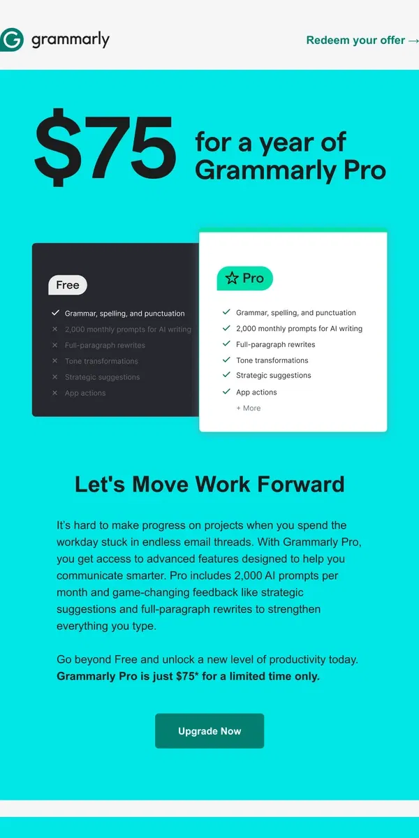 Email from Grammarly. 1 year of Grammarly Pro for just $75