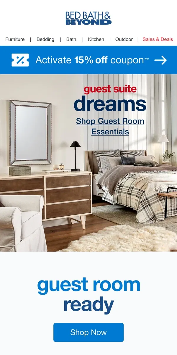 Email from Bed Bath & Beyond. Simple Ways to Save on Your Guest Room Refresh