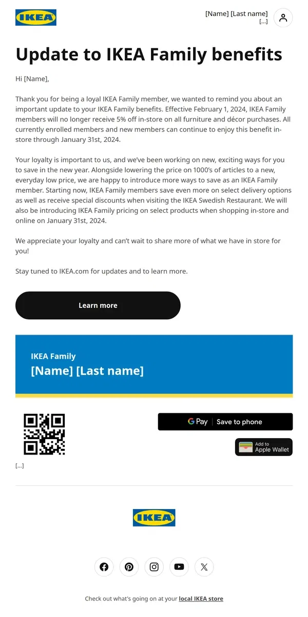 Email from IKEA. [Name], important update to your IKEA Family benefits