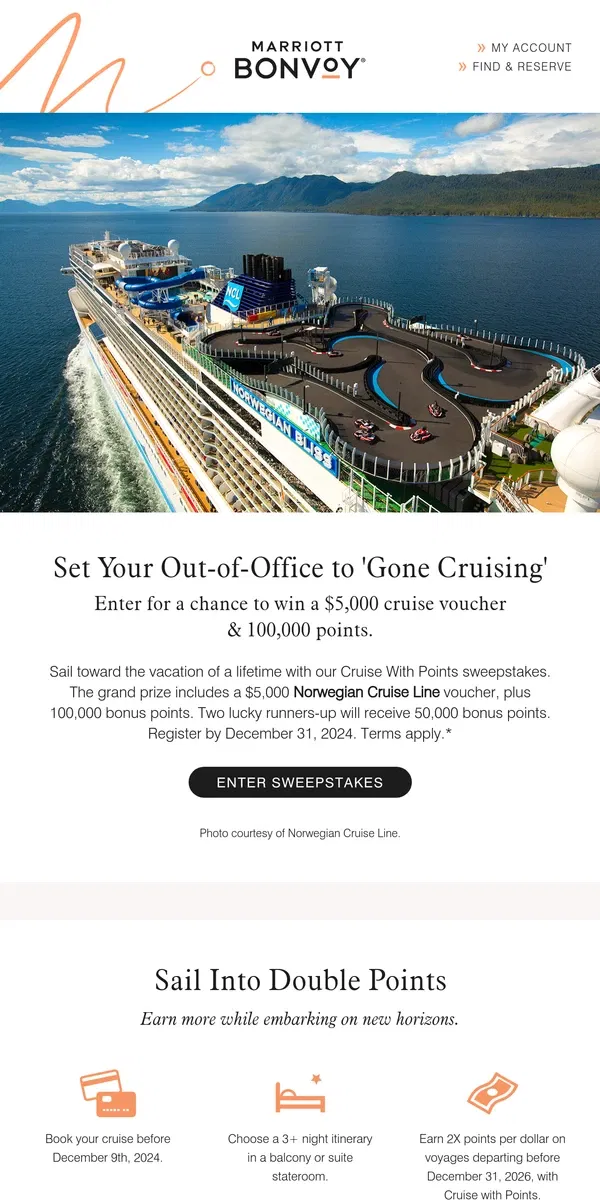 Email from Marriott Bonvoy. Enter to Win a $5k Cruise Voucher & 100k Points 🛳️