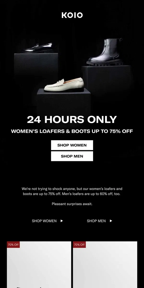 Email from Koio. 70% off Women’s Loafers and Boots.