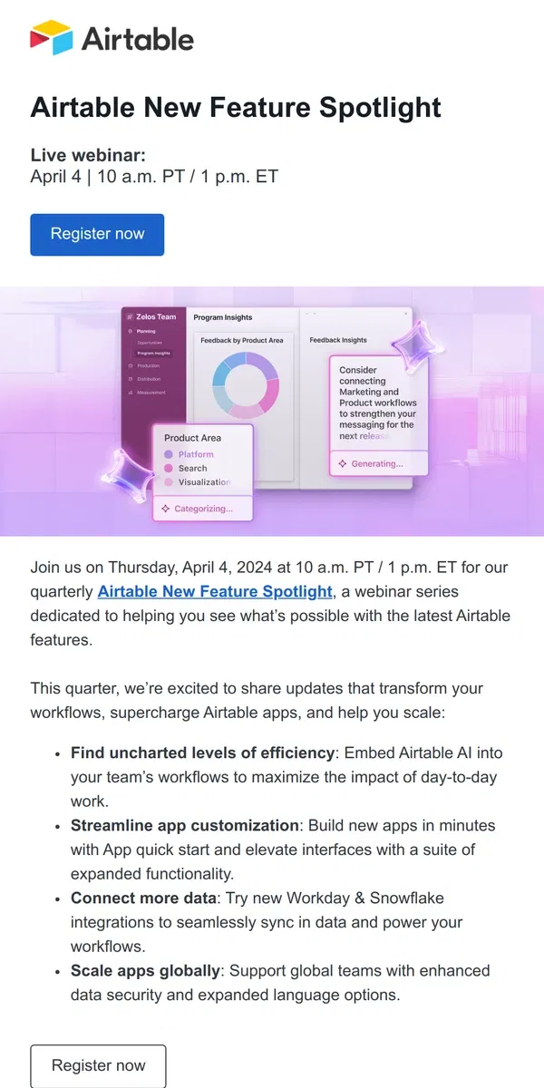 Email from Airtable. New Features Webinar: Airtable AI, App quick start, and more