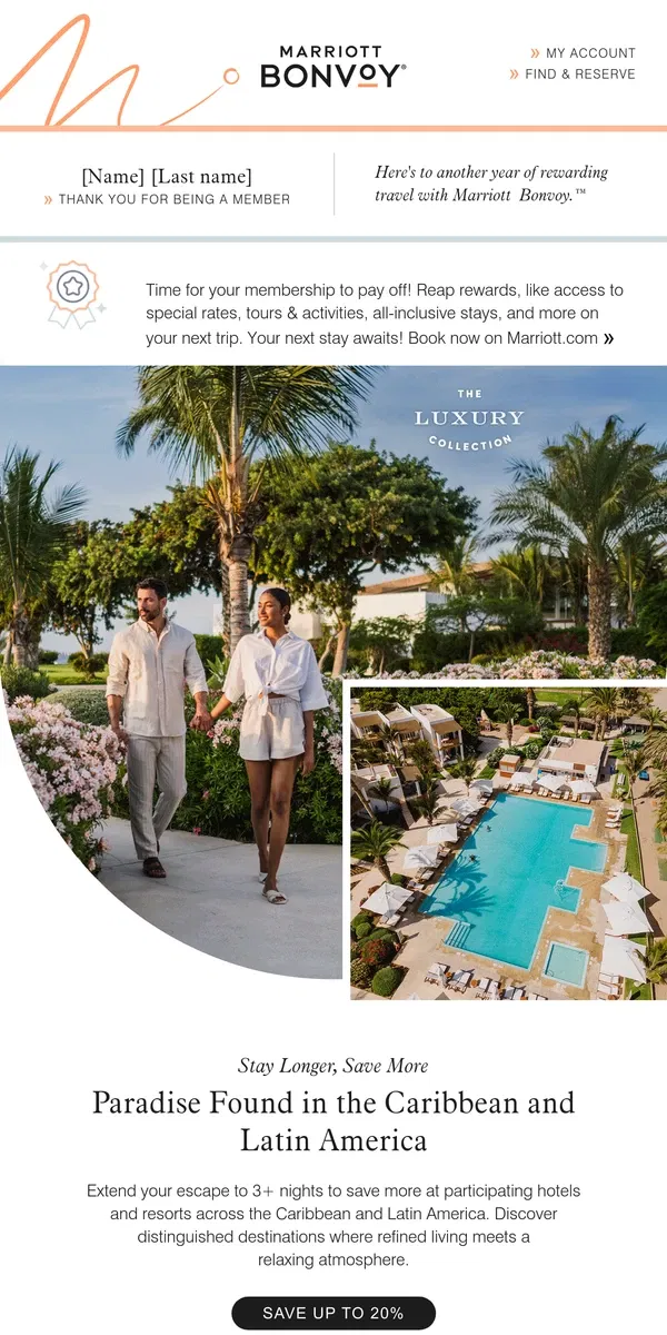 Email from Marriott Bonvoy. [Name]'s Account Update: save up to 20% on your next getaway