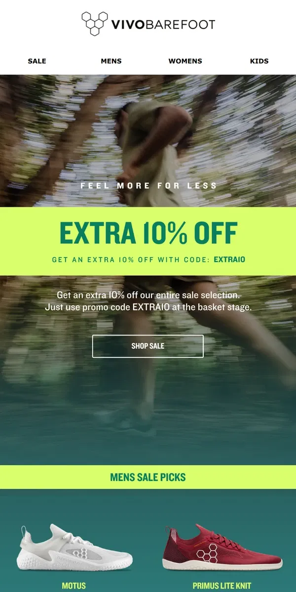 Email from Vivobarefoot. Extra 10% off all sale items