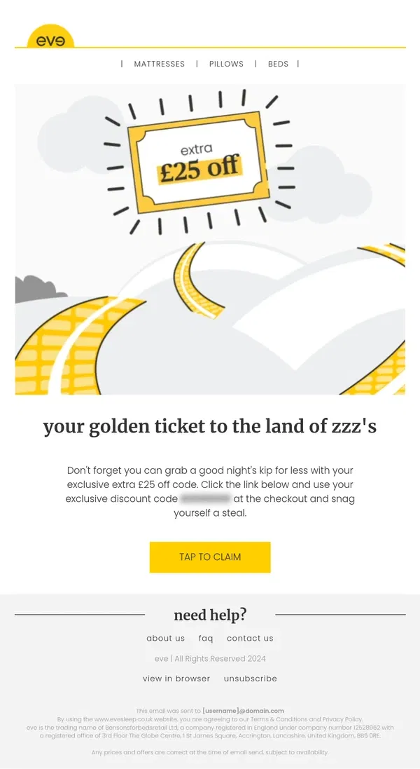 Email from Eve Sleep. your golden ticket is inside