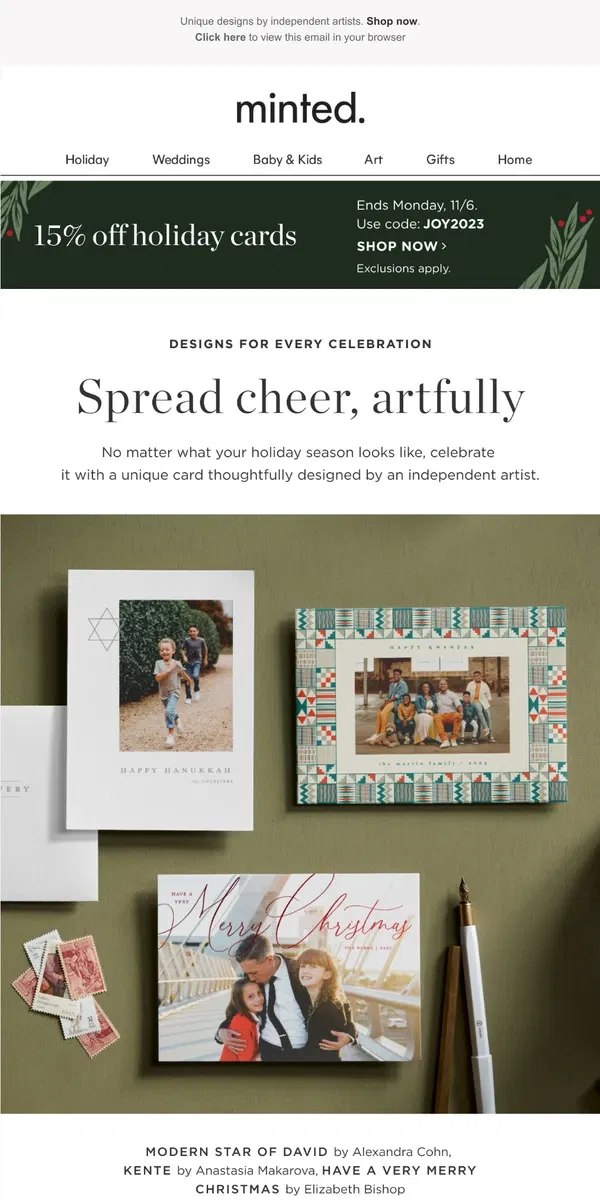 Email from Minted. Holiday cards for every celebration