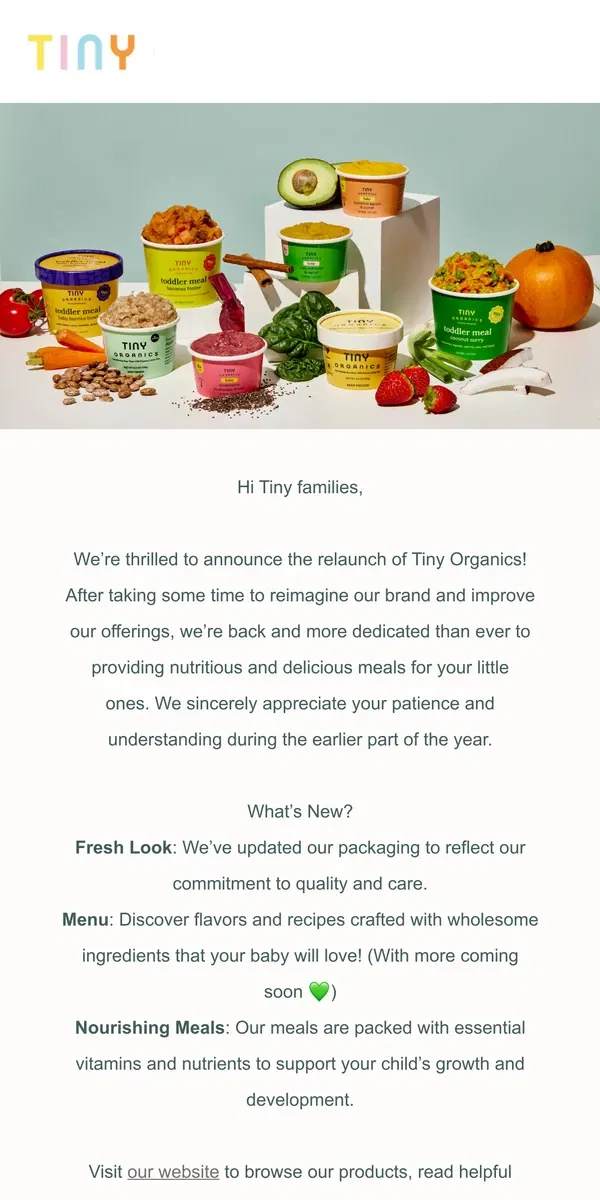 Email from Tiny Organics. Exciting News: Tiny Organics is Back to Inspire a Lifetime of Loving Veggies 🥕🥦