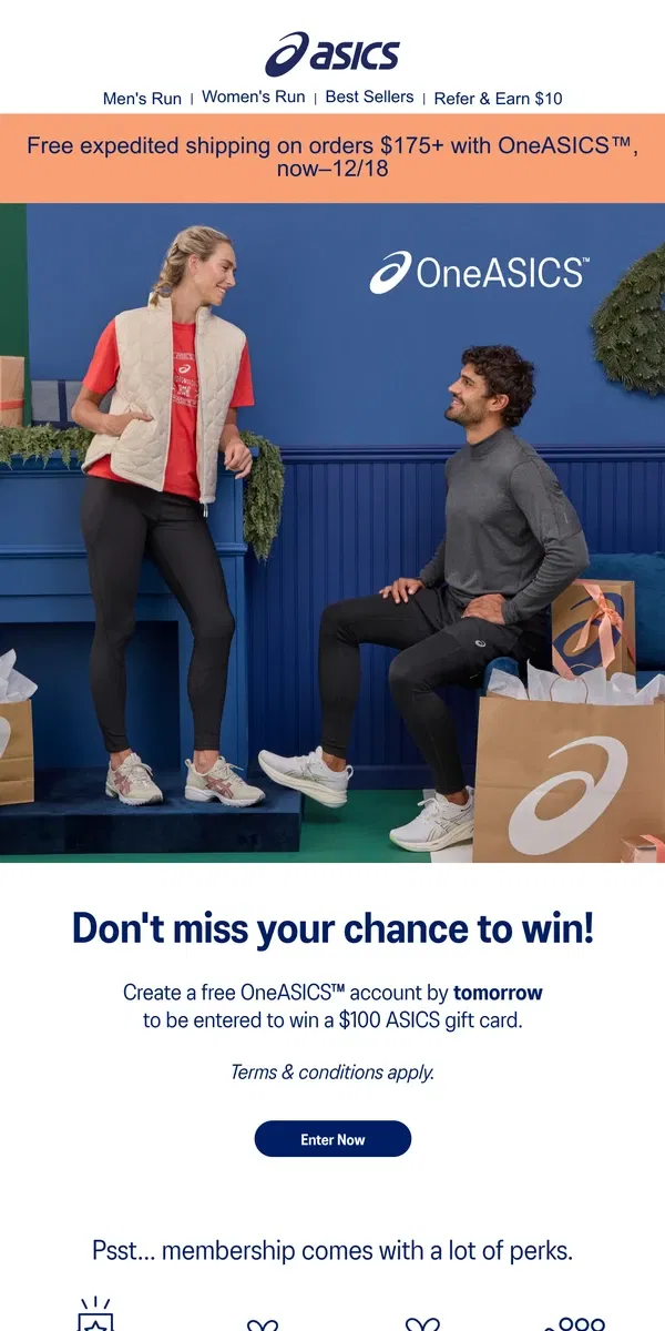 Email from ASICS. Last chance to win a $100 gift card!