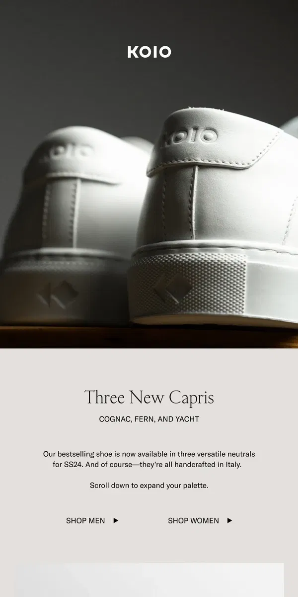 Email from Koio. The Capri in three new colors for SS24