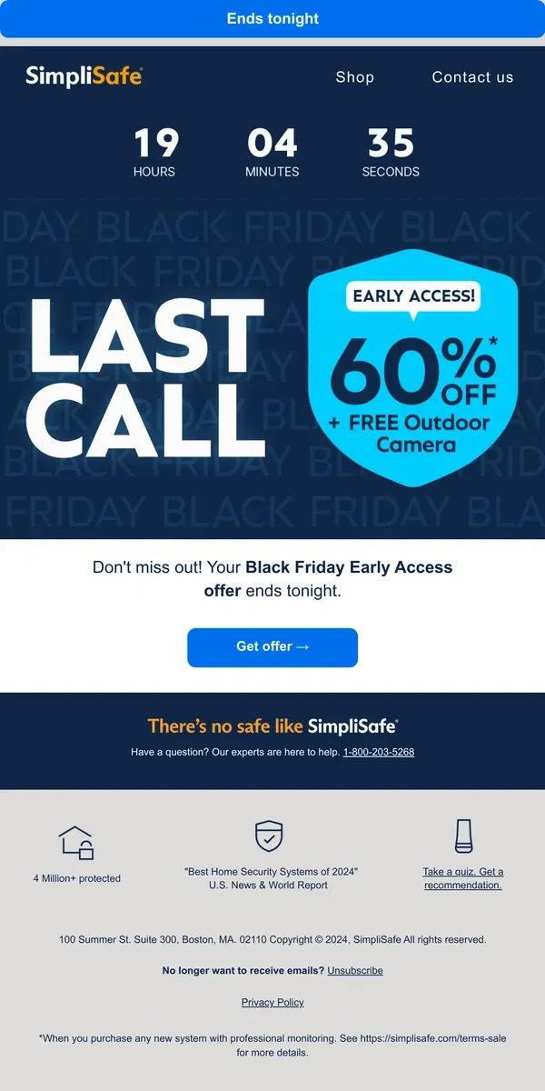 Email from SimpliSafe. Last chance to unlock Black Friday Early Access