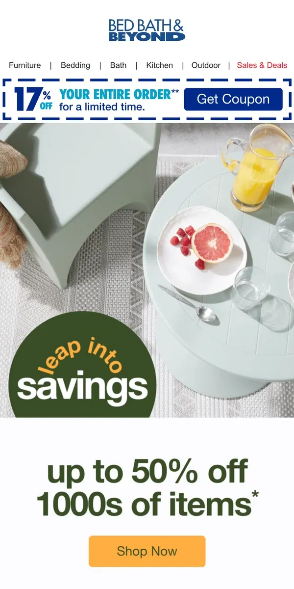 Email from Bed Bath & Beyond. Leap into 50% off 1000s of Items for Your Home 🏠