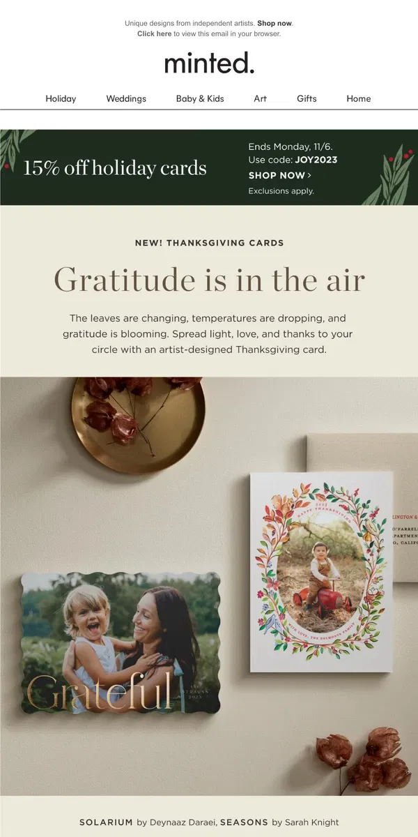 Email from Minted. New! Seasonal & Thanksgiving cards