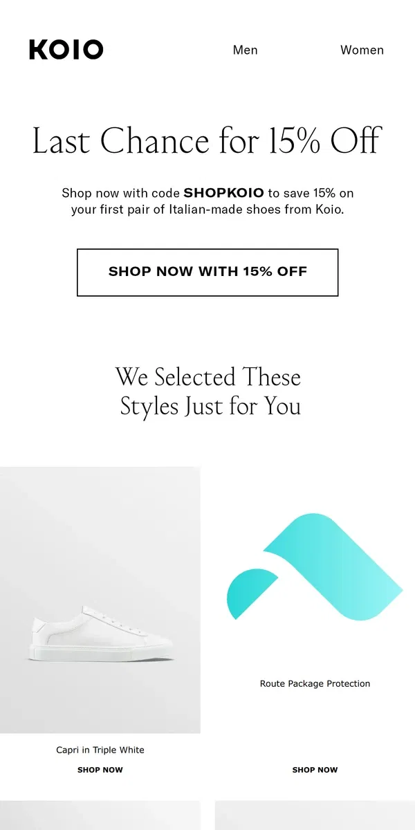 Email from Koio. Your 15% off is expiring