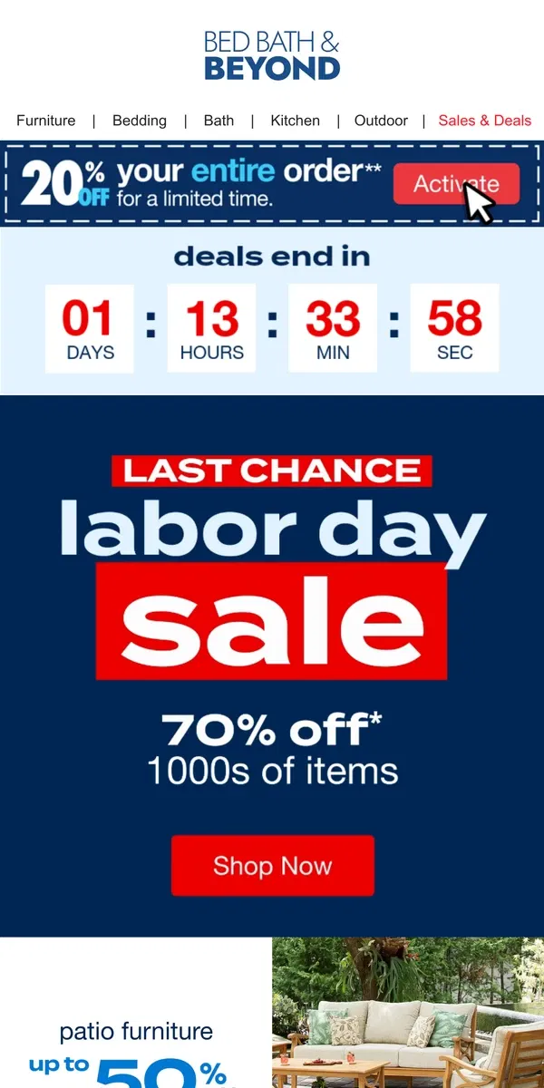 Email from Bed Bath & Beyond. 🚨 LAST CALL for Labor Day Deals 🚨