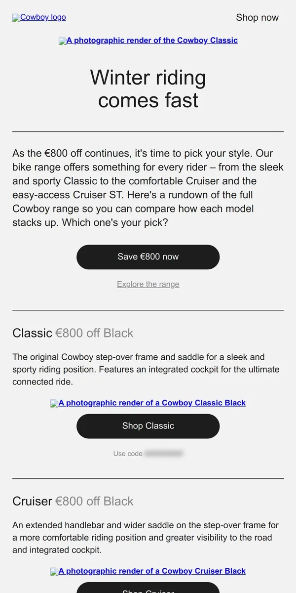 Email from Cowboy. Which Cowboy model is your pick? | €800 off Black bikes