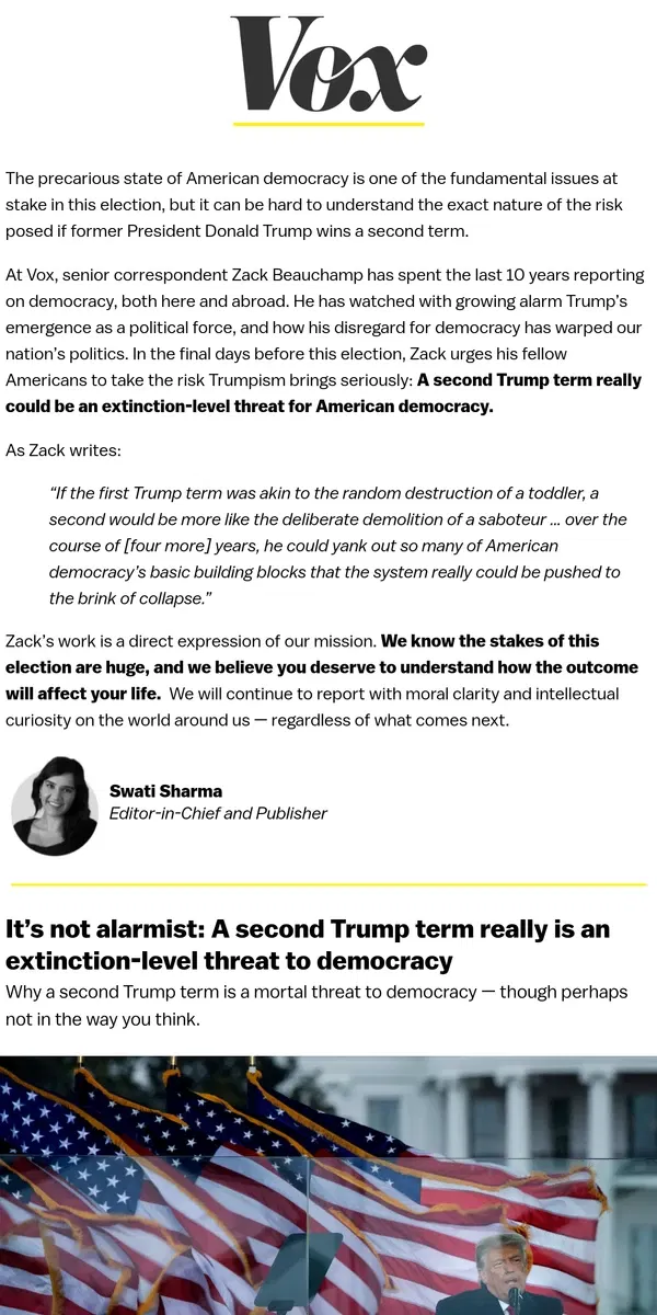 Email from Vox. The serious threat of a second Trump term