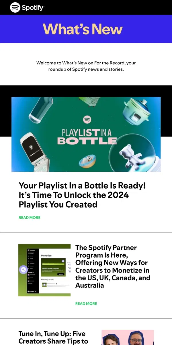 Email from Spotify. Your Playlist In a Bottle Is Ready! Unlock Your 2024 Playlist