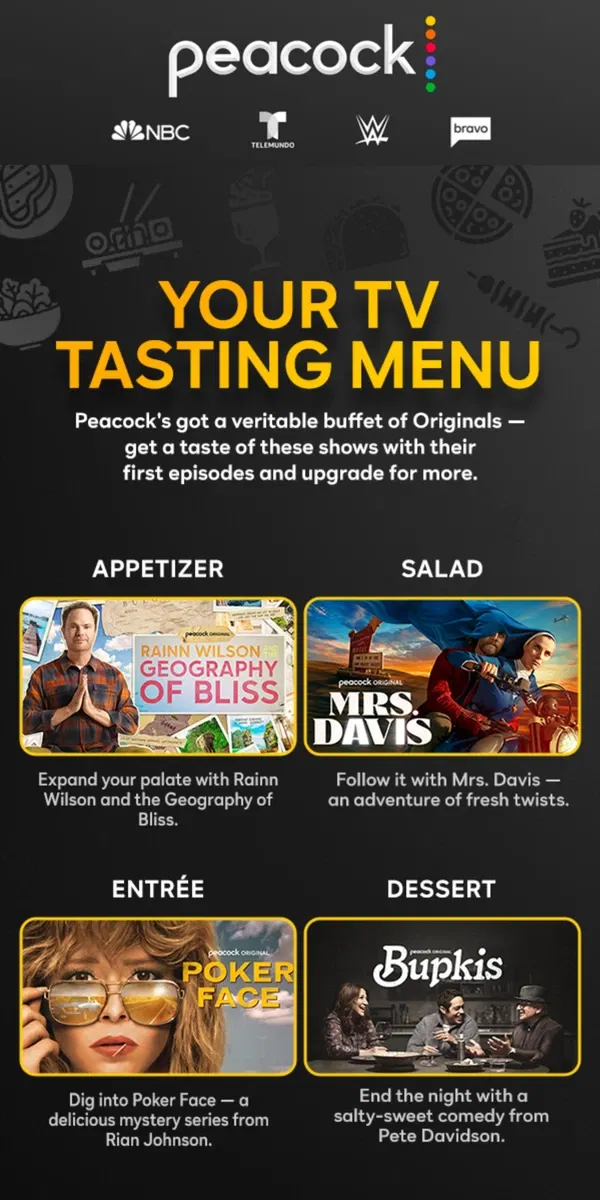 Email from Peacock. Your TV tasting menu 📺🍽️